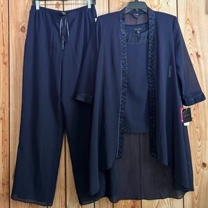 Le Bos New 3 Piece Formal Pant Suit Set 10 Navy Chiffon Mother Of Bride Duster